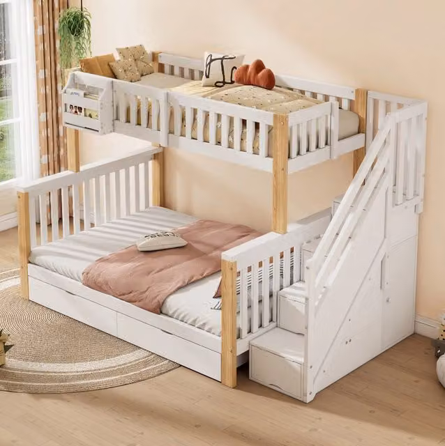 Letto a castello multifunzionale per bambini in legno massello bianco e natur, con cassetti, armadietti e scaletta con contenitori, senza materasso