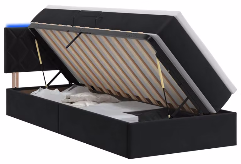 Letto contenitore con tecnologia LED e materasso, colore nero, dimensioni 100 x 200 cm, rivestito in velluto