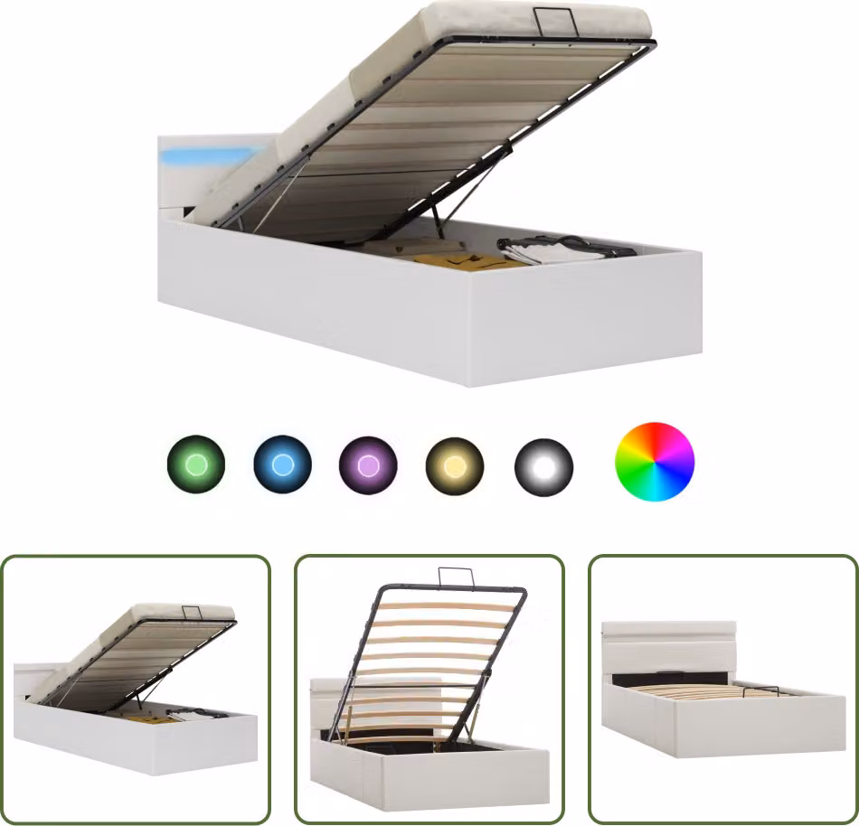 The Living Store Letto con rete Idraulica LED Bianco Similcuoio 90x200cm