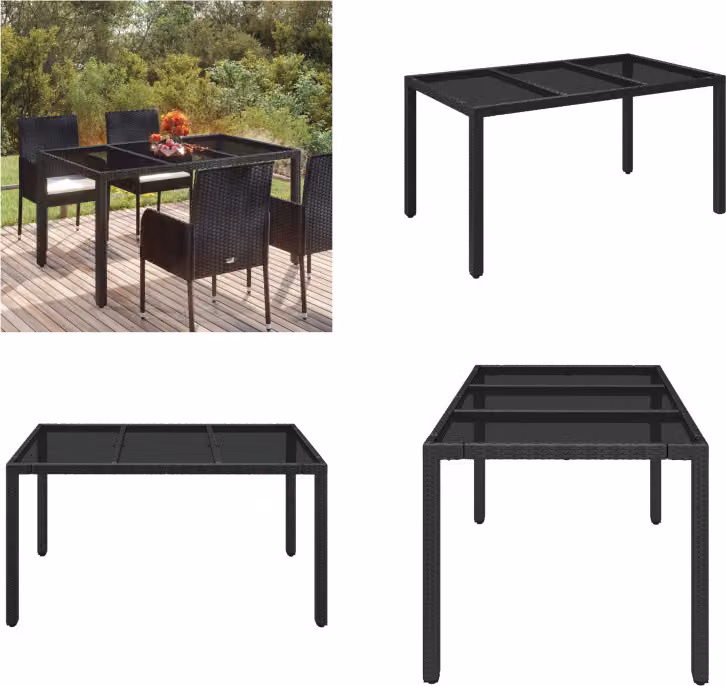 vidaXL Tavolo da giardino con piano in vetro nero 150x90x75 cm Poly Rattan - Tavolo da giardino con piano in vetro - Tavoli da giardino con piano in vetro - Mobili da giardino - Tavolo da pranzo