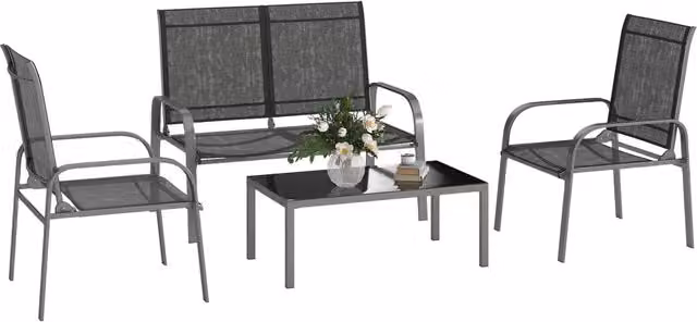 Set da esterno moderno composto da 4 pezzi con tavolino in vetro, 2 sedie e divanetto con schienale regolabile in acciaio e textilene nero per giardino o terrazzo