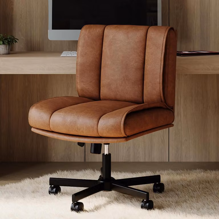 Sedia da ufficio senza braccioli - Sedia ergonomica per scrivania - Rotelle girevoli a 360° - Regolabile in altezza - Sedile imbottito in ecopelle - Struttura in metallo - Colore marrone