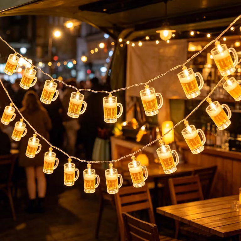 Set di 2 catene luminose a forma di bicchiere da birra, lunghezza 1,5 metri, 10 LED, alimentate a batteria
