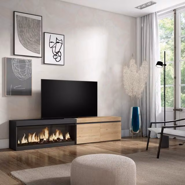 Mobile TV Soggiorno, 208x35x45cm, Per TV fino a 80", Camino elettrico XXL, colore Rovere e nero RF3264