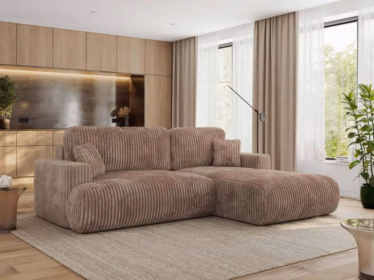 MKS MEBLE divano angolare OVO con funzione letto e box letto, velluto a coste marrone, divano a L, divano angolare a 4 posti, 271x195x95 cm - lato destro