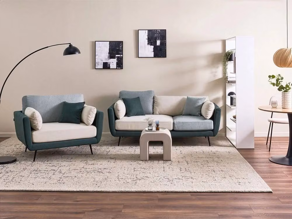 Set da salotto Beliani in stile scandinavo composto da divano a tre posti e poltrona in tessuto verde con cuscini inclusi – 2