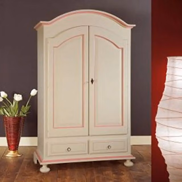 Armadio Shabby Chic KIVIO in Legno e MDF con Ante a Battente, Colore Avorio e Rosa, L: 125 cm, P: 60 cm, H: 200 cm