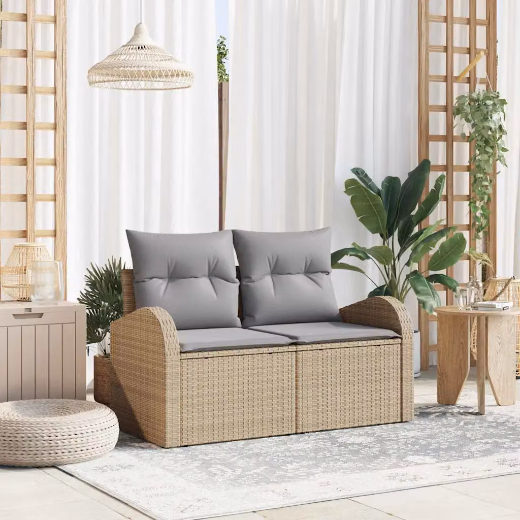 Divano da giardino vidaXL con cuscini beige in rattan e struttura in metallo L: 124 cm, P: 62 cm, H: 69 cm