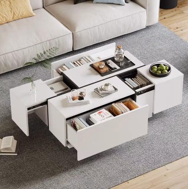 Tavolino da salotto ULEVR 100x60x40 cm con 4 cassetti, piano lucido bianco e nero
