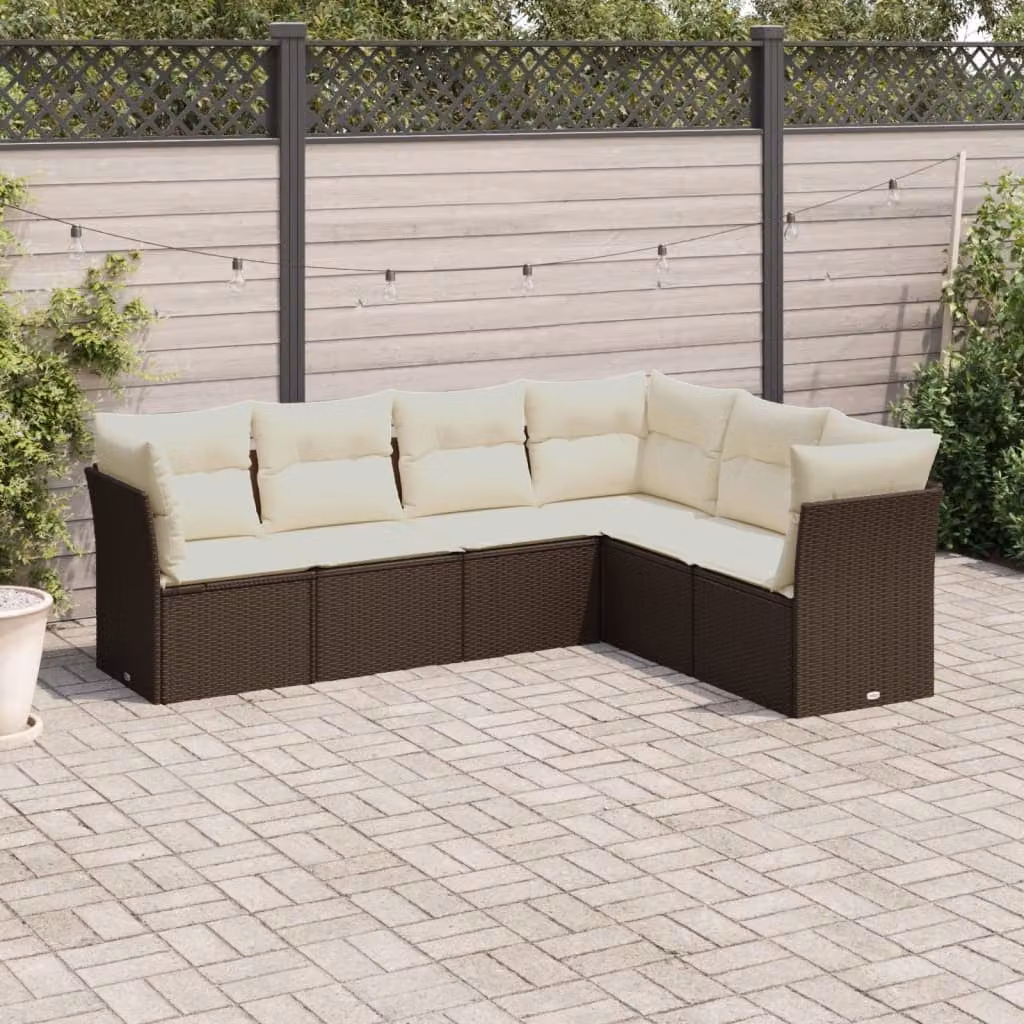 vidaXL Set di Divani da Giardino a L composto da 6 pezzi con Cuscini Marroni e Bianchi in Polyrattan e Acciaio – 1