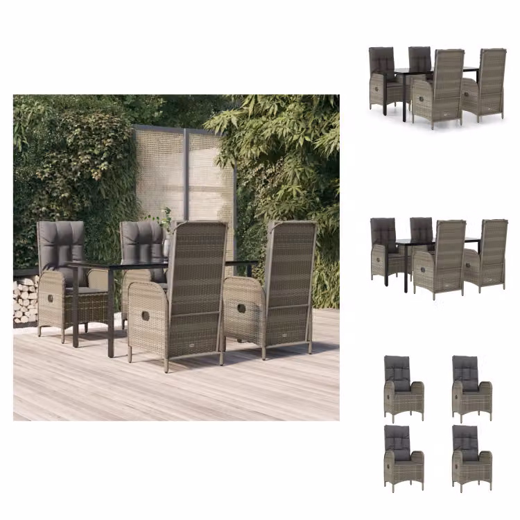 vidaXL Set da pranzo da giardino 5 pezzi con cuscini in poly rattan nero e grigio - Set di mobili da giardino