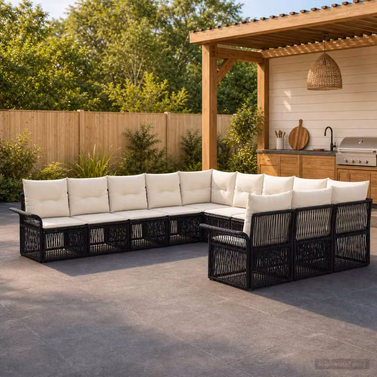 Set Divano da Giardino vidaXL a forma a U in Polyrattan Nero con Cuscini e Struttura in Acciaio
