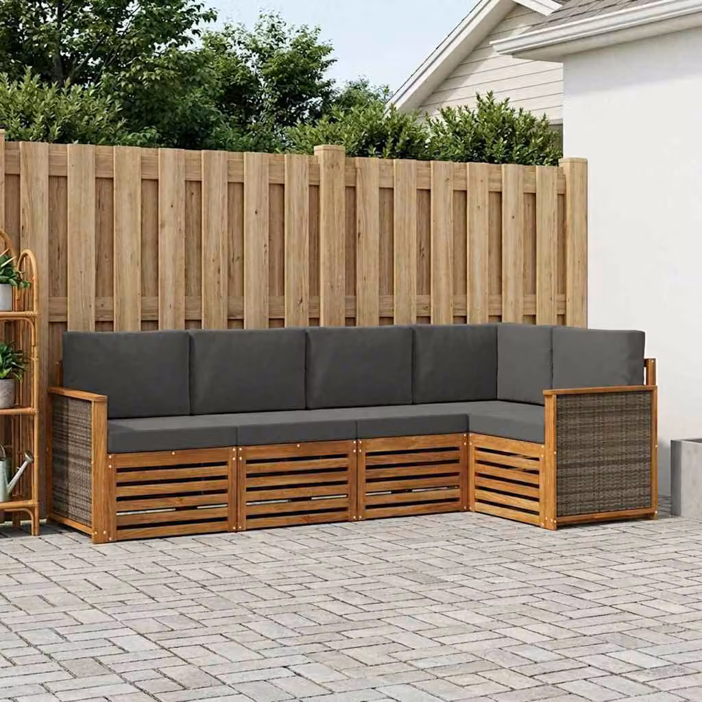 vidaXL Set di divani da esterno a L in legno di acacia con cuscini, beige e antracite