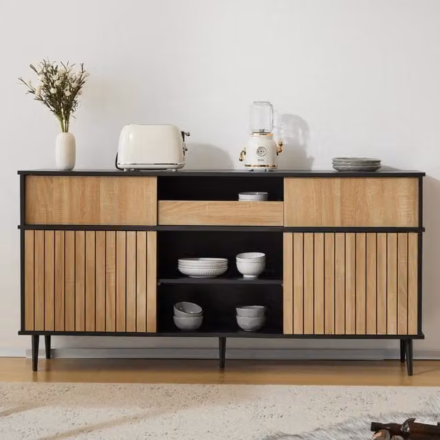 Credenza moderna OKWISH per soggiorno e sala da pranzo con 4 ante scorrevoli, 1 cassetto e ripiani regolabili, finitura nero e rovere, L: 160 cm, P: 40 cm, H: 80 cm