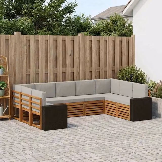Set di divani da esterno a L vidaXL in legno di acacia con cuscini beige e grigi, 9 pezzi – 1