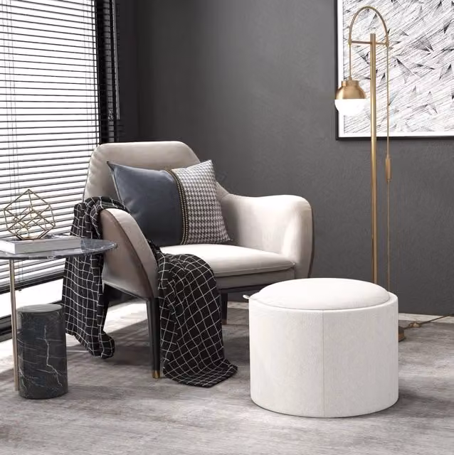 Pouf rotondo 56 x 42 cm avorio con vano contenitore e vassoio sollevabile