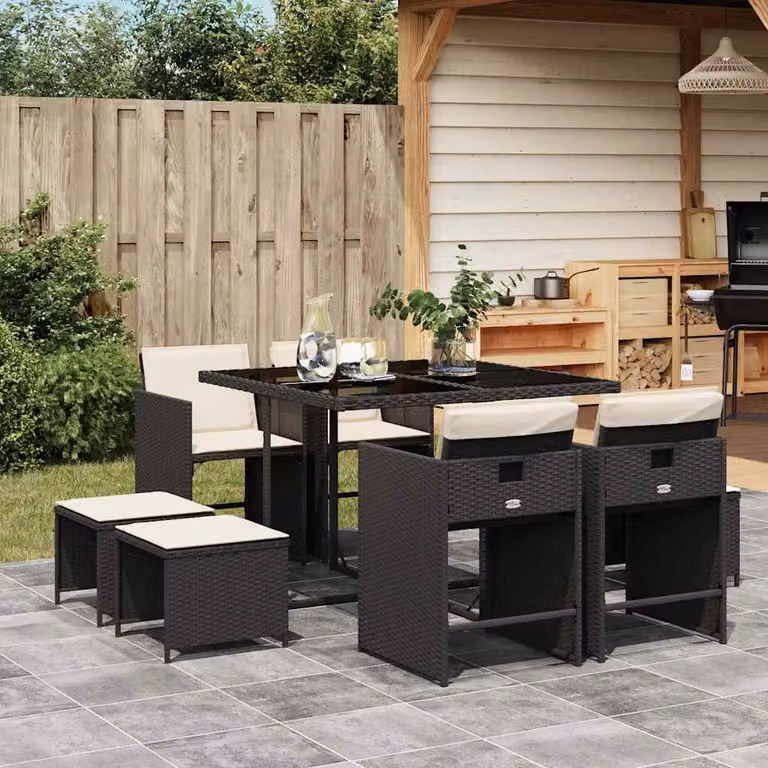 vidaXL Set da Pranzo da Giardino 9 pz in Polyrattan con Cuscini Nero e Bianco e Piano in Vetro