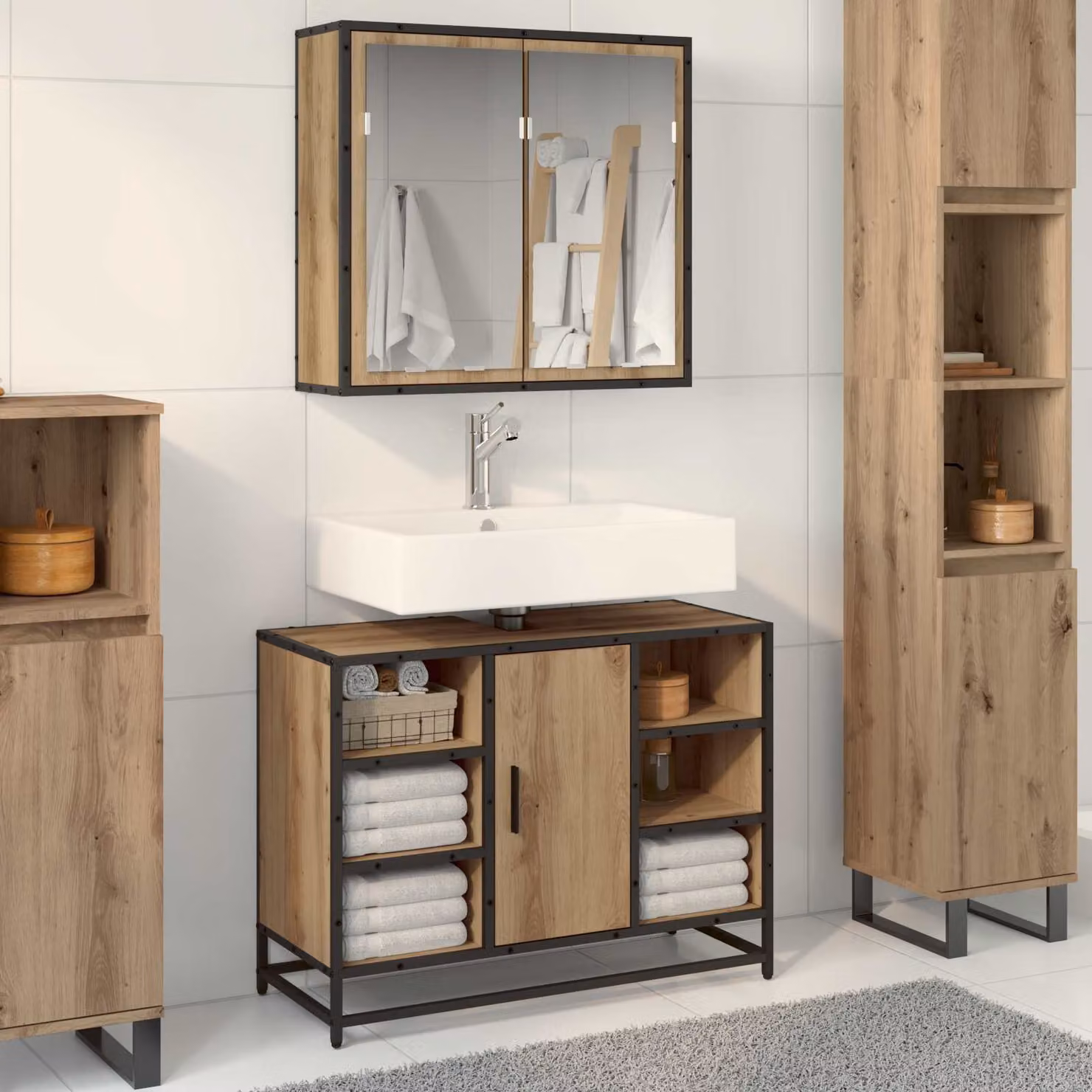 Set di mobili per il bagno moderno vidaXL composto da mobile lavabo e armadietto specchio in legno e metallo color rovere marrone, montaggio a parete
