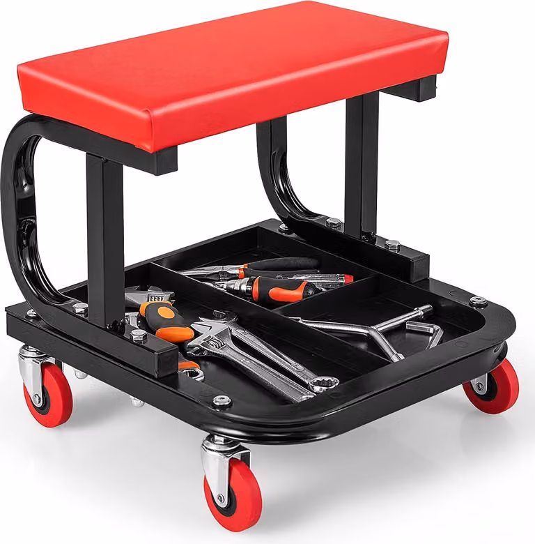 Sgabello da officina COSTWAY con rotelle, sedile a rotelle da officina, portata 150 kg, sgabello da lavoro con ripiano e morbido cuscinetto, sgabello a rotelle per il montaggio di attrezzi, 38 x 37 x 36 cm