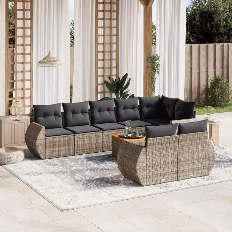 vidaXL Set Divano da Giardino 9 pz a L in Polyrattan Grigio con Cuscini e Tavolino