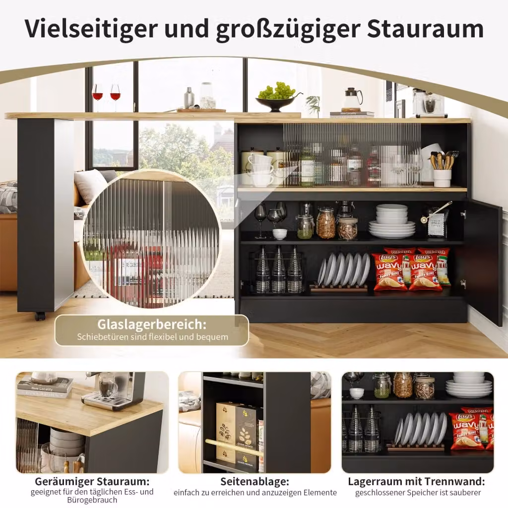 Credenza Girevole 360 REDOM in MDF Nero Opaco con Porte Scorrevoli in Vetro L: 90 cm, P: 45 cm, H: 100 cm – 2