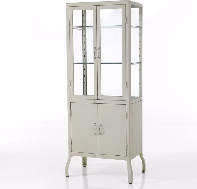 Vetrina Oresteluchetta con 4 ante in vetro e acciaio, finitura laccata lucida avorio, L: 72 cm, P: 45 cm, H: 171 cm