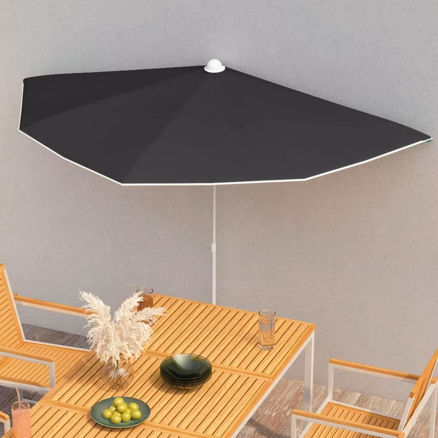 Ombrellone parasole a mezzaluna con palo, dimensioni 180x90 cm, colore nero, 5 stecche in acciaio, protezione solare