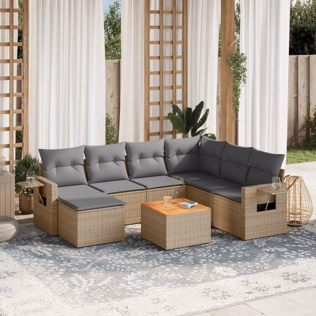 vidaXL Set Divano da Giardino 8 pz in Polyrattan con Cuscini Beige e Tavolino da Esterno – 1