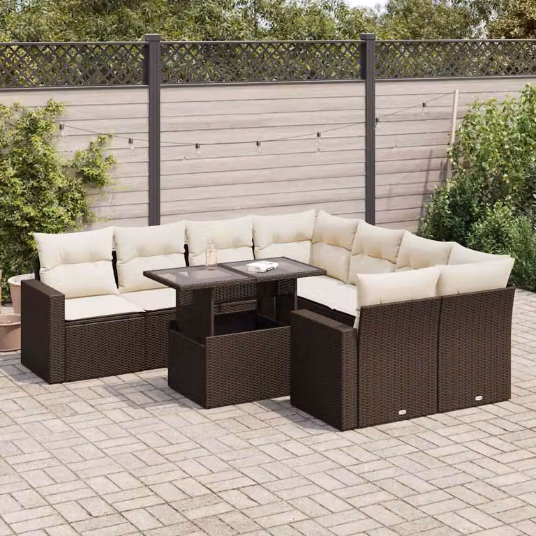 Set da giardino vidaXL in polyrattan marrone con 9 pezzi, composto da divani a L, poltrone e tavolino da caffè con cuscini inclusi