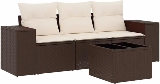 Set Salotto da Giardino Moderno DESIGN IN composto da 4 Pezzi con Cuscini Marroni e Bianchi in Polyrattan e Metallo – 1