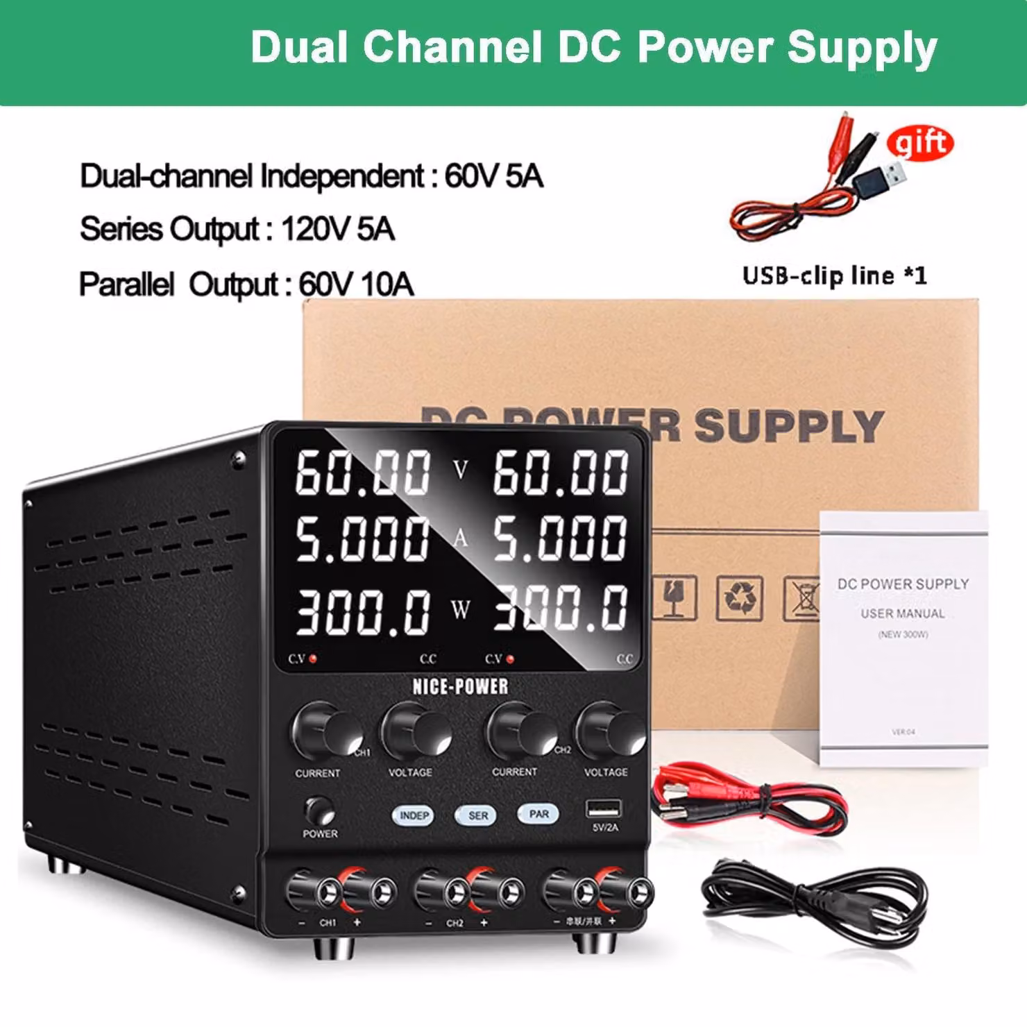 Alimentatore da laboratorio SPS3010-2KD - Alimentatore DC a 2 canali, 0–60V, 5A - Alimentatore regolabile - Alimentazione 4-in-1 - Funzionamento in serie/parallelo - Ricarica rapida USB 5V 2A - Protezione intelligente