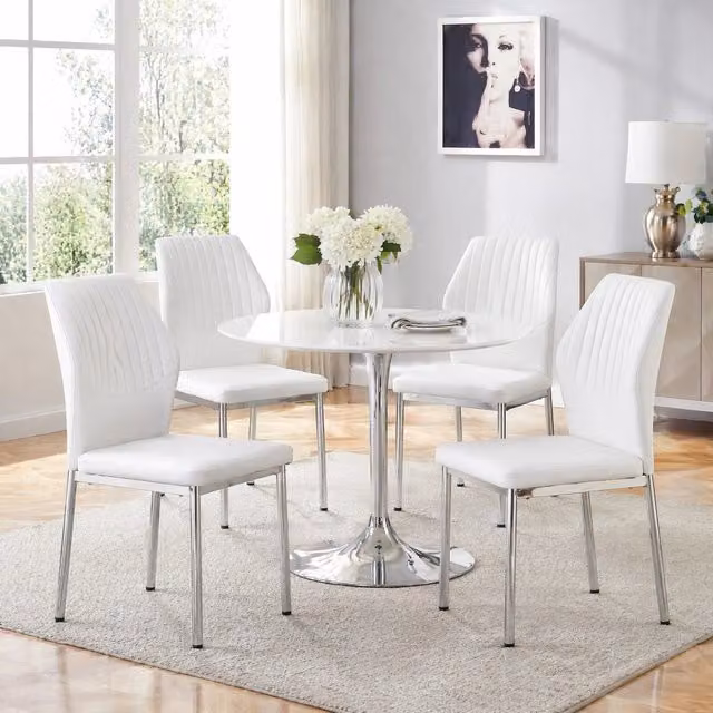 Set di 4 sedie da pranzo moderne MODFU in ecopelle bianca e metallo argento, Altezza: 93 cm