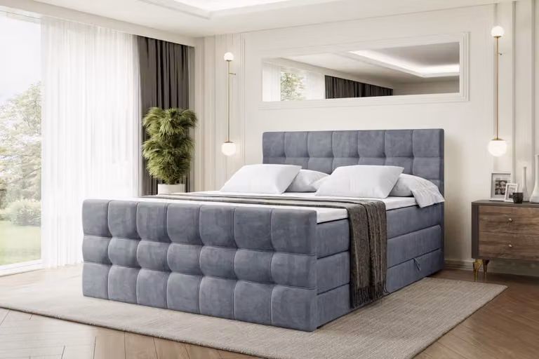 Letto boxspring ALTDECOR con materasso e rete a doghe - BERO -Z KING - 180x200 cm - Grigio velluto - Coprimaterasso, pediera, letto imbottito con contenitore, letto con vano portaoggetti H3 e H4 - Materasso, letto matrimoniale, letto boxspring