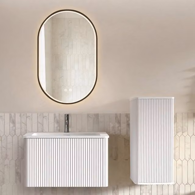 Set Mobile Bagno con Lavabo, Armadio Laterale e Specchio LED 80cm. Mobile Sospeso Bianco, Specchio Ovale con Cornice Nera