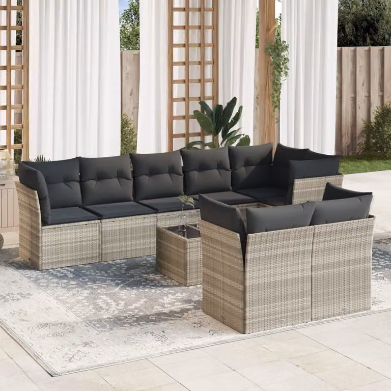 vidaXL Set Divano da Giardino a Forma di U in Polyrattan Grigio con Cuscini e Tavolino da Esterno