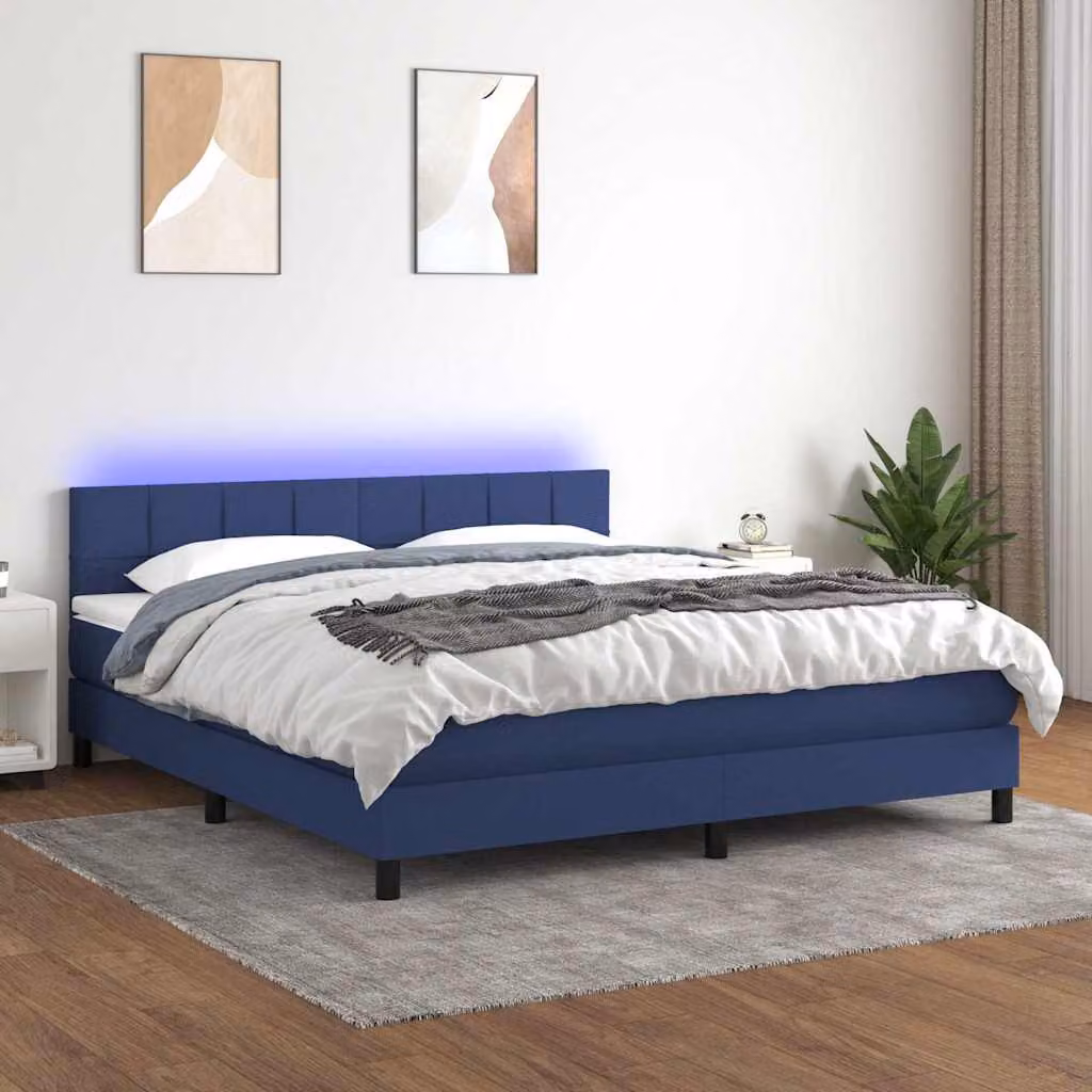 Letto Ibrido vidaXL con Materasso, Illuminazione LED Blu e Porte USB, Tessuto Bianco e Blu, L/P: 160 x 200 cm – 1