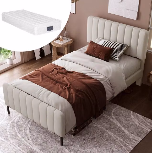 Letto imbottito singolo ULEVR 90x200 cm con testiera regolabile, rete a doghe, lino grigio-beige