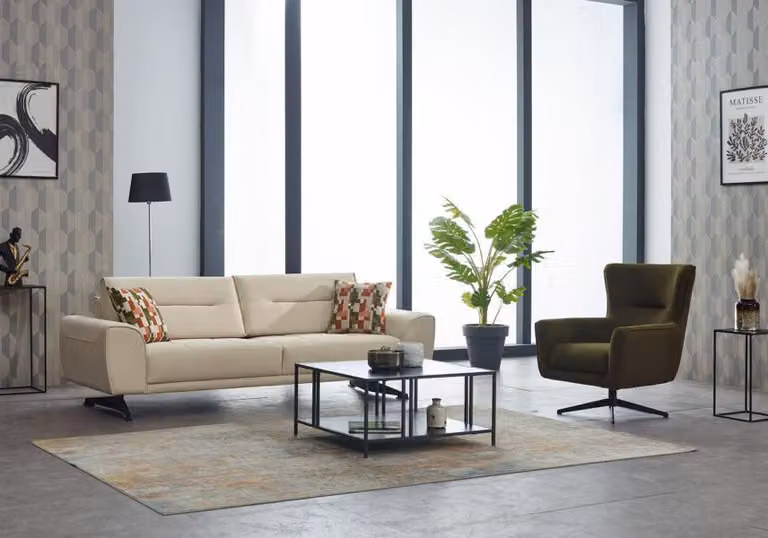 Sofagarnitur Dreisitzer Sofa 3 Sitz Stoffsofa Polstersofa Beige Sessel