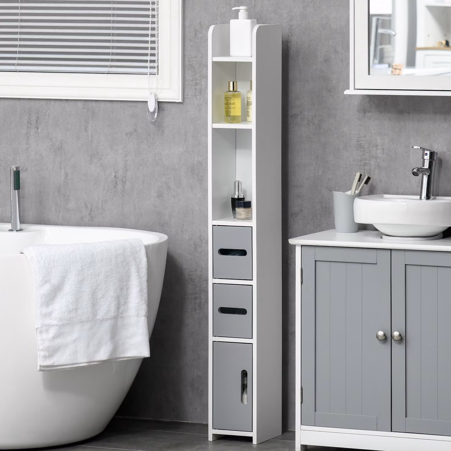 Colonna bagno salvaspazio kleankin con mensole e armadietti, mobile alto moderno in legno bianco e grigio, L/P/H: 15 x 17 x 120 cm – 2