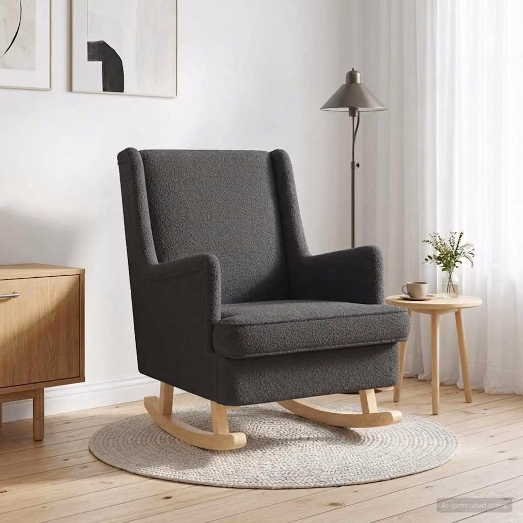 Sedia a dondolo vidaXL in tessuto bouclé grigio con braccioli e struttura in legno e metallo L 62 cm x P 80 cm x H 85 cm