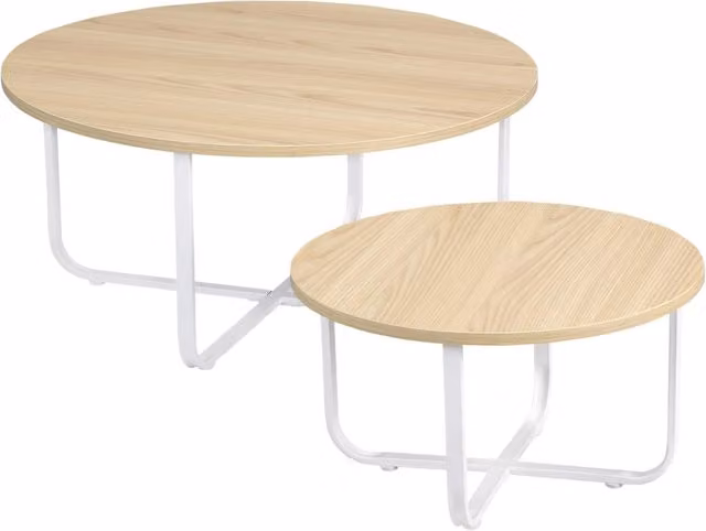 Set 2 Tavolini da Caff¨¨ ¨C Xylo ¨C Legno Naturale e Metallo Bianco ?65x32 cm e ?45x26 cm