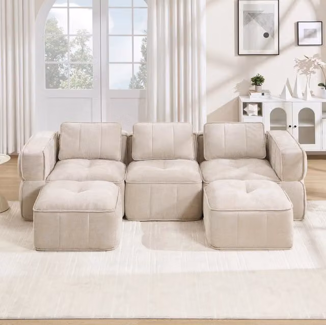 Divano modulare a U 271x162x67 cm in poliestere beige con seduta profonda e senza montaggio