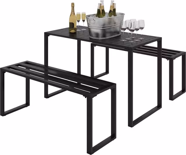 Set da pranzo Outsunny in metallo nero per 4 persone composto da 1 tavolino rettangolare e 2 panche