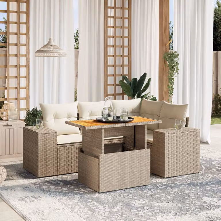 vidaXL Set Divano da Giardino 5 pz a L in Polyrattan con Cuscini Beige e Tavolino