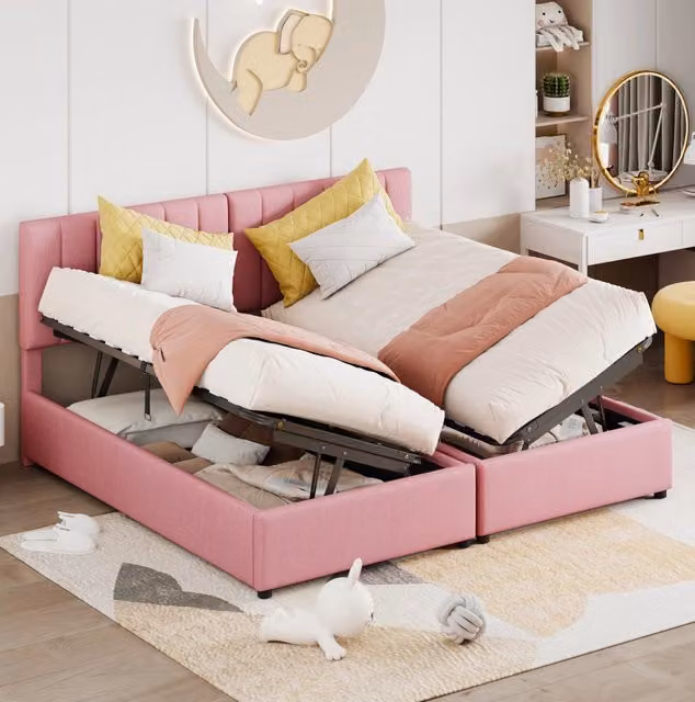 Letto matrimoniale imbottito 180x200 cm con contenitore idraulico; rosa