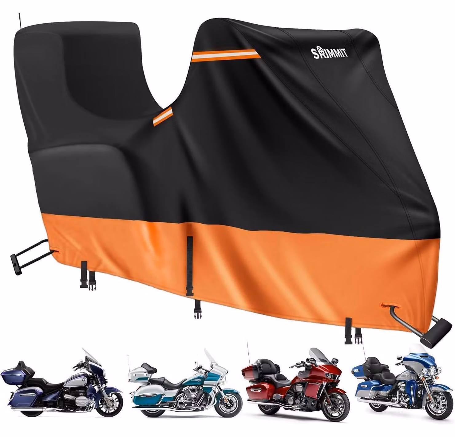Copertura impermeabile per motociclette, adatta per uso esterno, con tasche laterali e superiore, realizzata in tessuto Oxford 420D, dimensioni 300x111x142 cm, colore nero-arancione