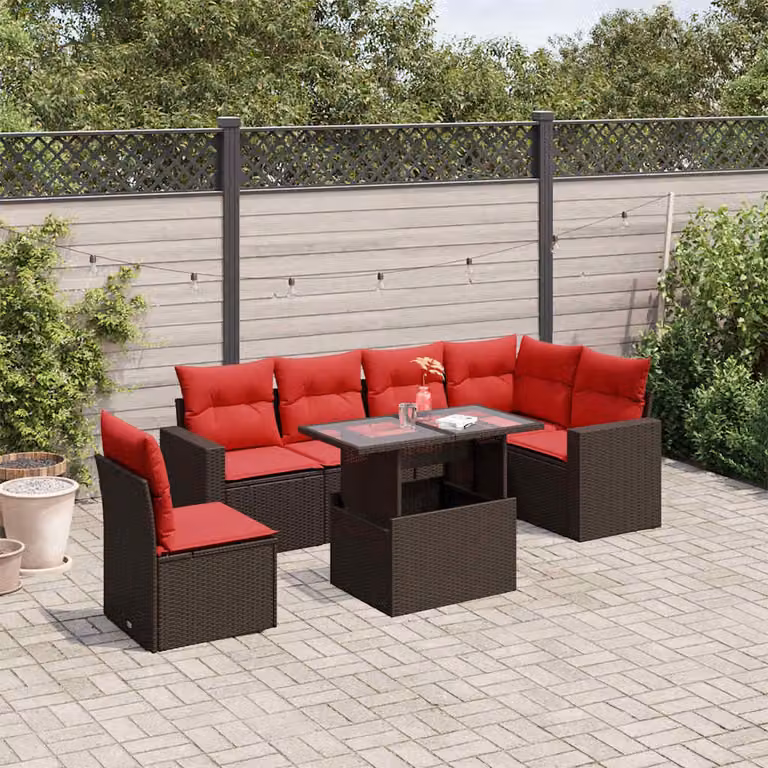 Set da giardino vidaXL in polyrattan marrone composto da 7 pezzi con cuscini inclusi e tavolino da caffè