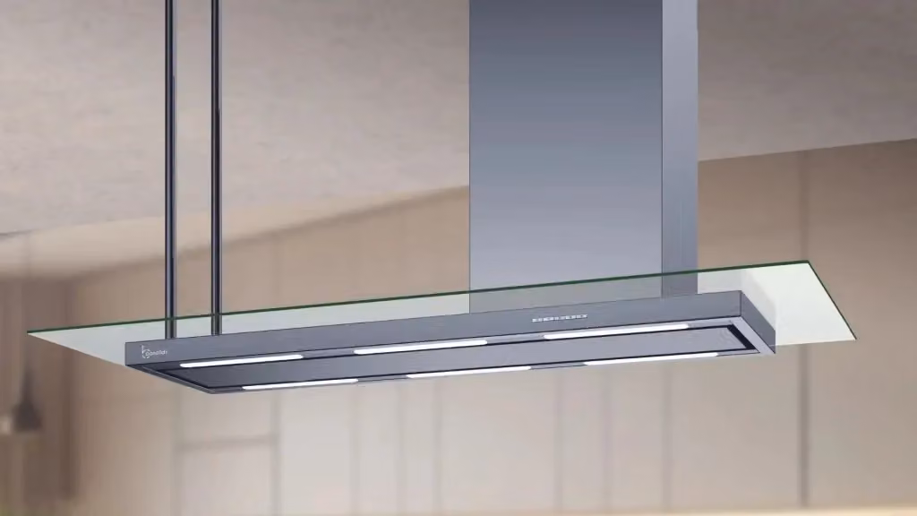 Cappa da isola Baraldi Elea Style in acciaio inox e vetro color argento, larghezza: 146 cm, aspirazione 800 m3/h – 2
