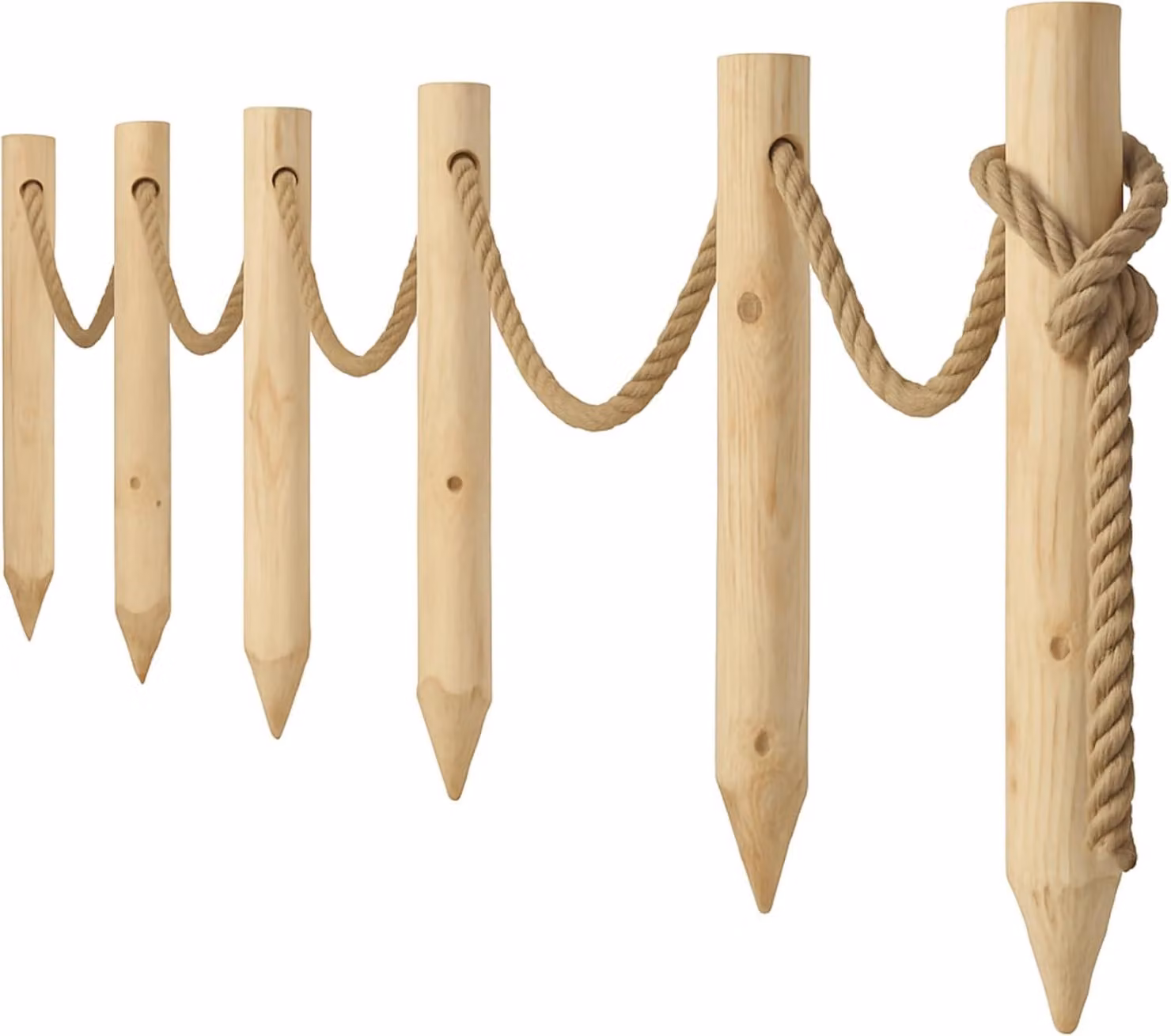 TIMBERMIK Recinzione In Legno 6 Pali Ø8x120 Cm Con Corda In Juta 12m Staccionata Da Giardino Pannelli Recinzione Legno Non Trattato