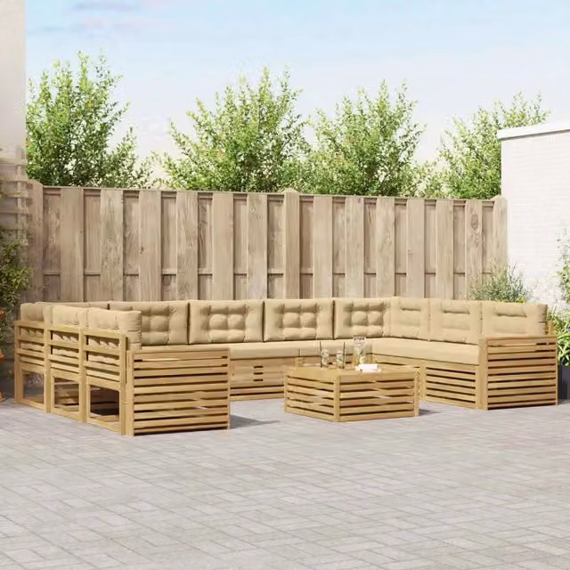 Set di divani da esterno a L con tavolino da giardino vidaXL in legno di acacia, Bianco e Beige